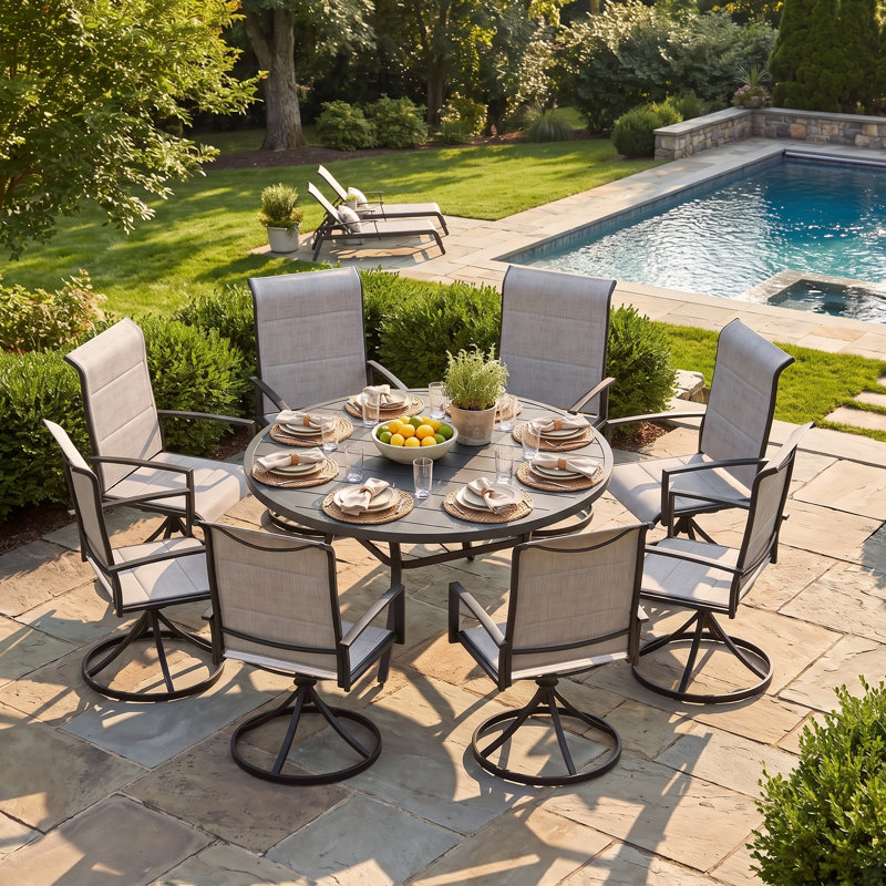  8-Person Patio Dining Set with 60" Round Dining Table and 8 Padded Textilene Swivel Chairs, Gray/Gray
