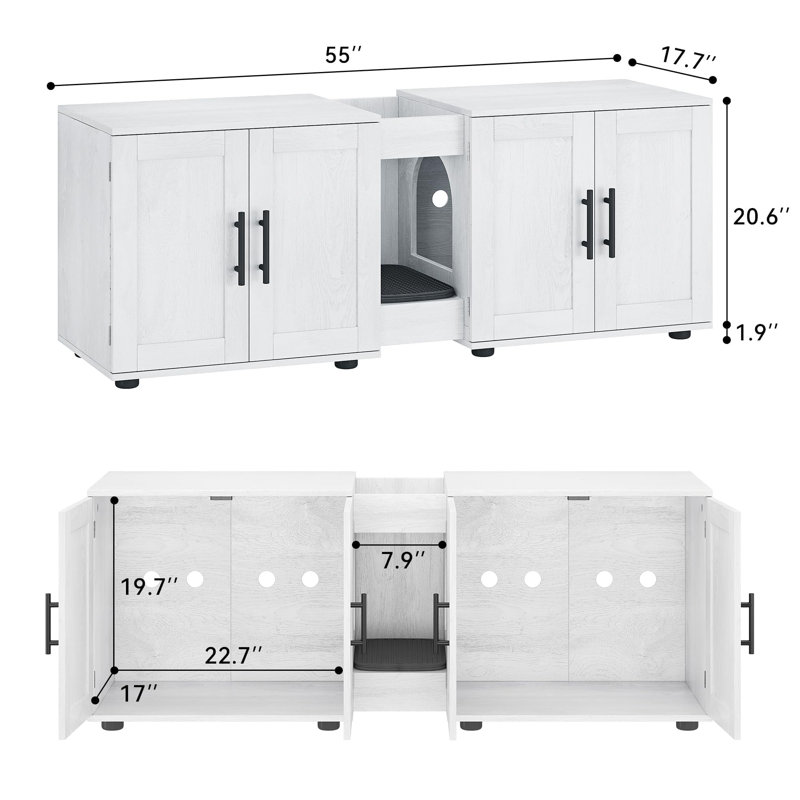 Enceinte pour lit double pour chat, armoire cachée avec porte de grange pour 2 chats, meuble télé et rangement, surface imperméable, double compartiment
