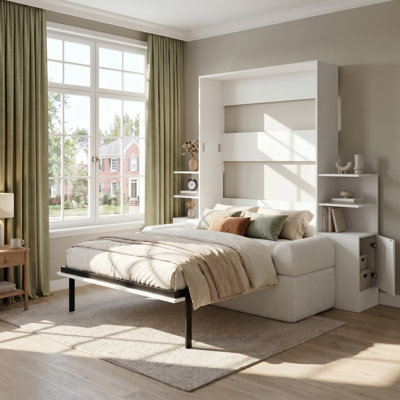 Lit escamotable en MDF et bois de pin avec canapé et armoires de rangement