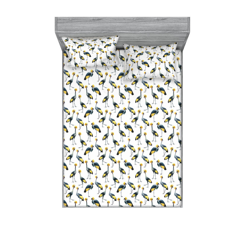 Ambesonne Fitted Sheet & Sham Set, Cal.King Sheet Set with 2 Pillowcases, Yellow/Night Blue Jungle Cranes