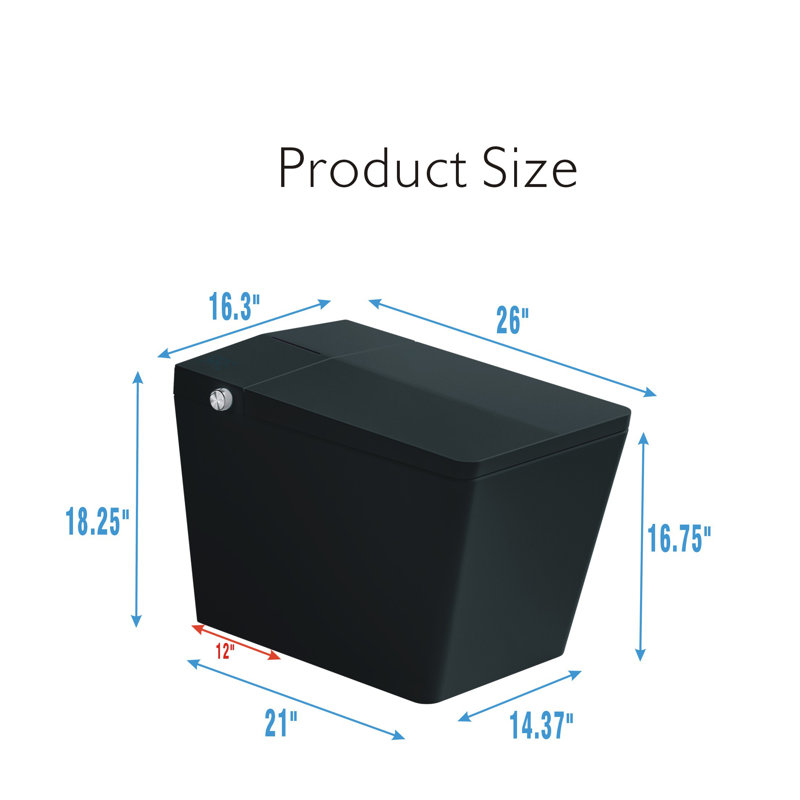 Yingze Square Smart Toilet with Built-In Tank & Power Pump, Auto Open/Close Lid, Auto Flush, Heated Bidet Seat, Warm Water & Dry, LED Night Light, Remote Control, 12" Rough-In, 17" Comfort Height, Black