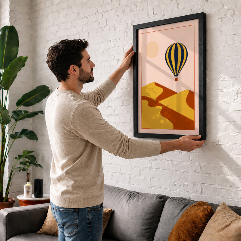 Balloon Over Desert Retro - Framed Print, Black, A3 - 42.0 x 29.7 cm