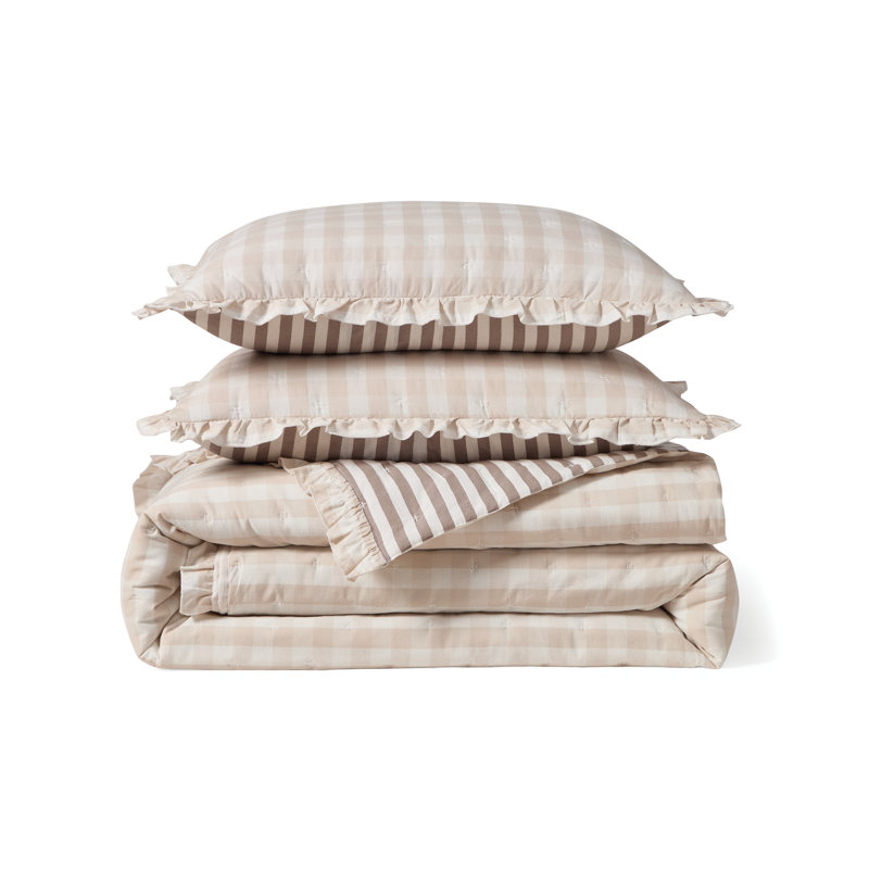 Peri Home Gingham & Stripe Reversible Quilt Set, Twin, Beige