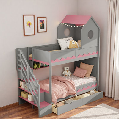 Lit superposé simple de style maison avec escalier de rangement, deux tiroirs et tablettes éclairées