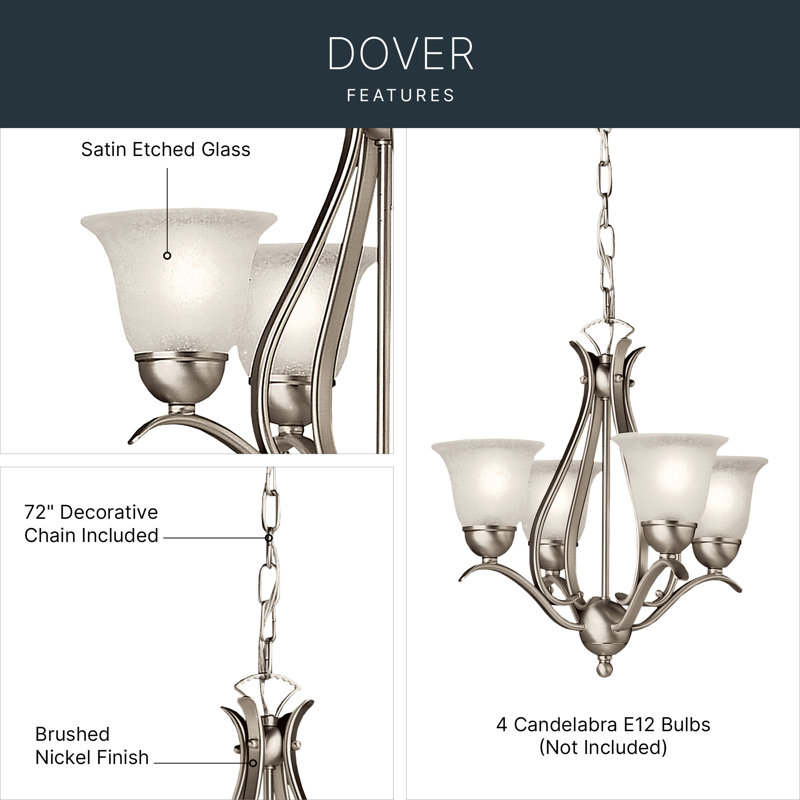 Kichler Dover Brushed Nickel 4-Light Chandelier with Etched Glass Shades, Brushed Nickel