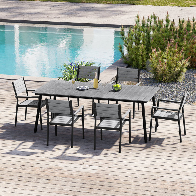 Ensemble de salle à manger pour l'extérieur 6 personnes L 82,48 po x L 40,55 po avec structure en aluminium, trou pour parasol et fauteuils