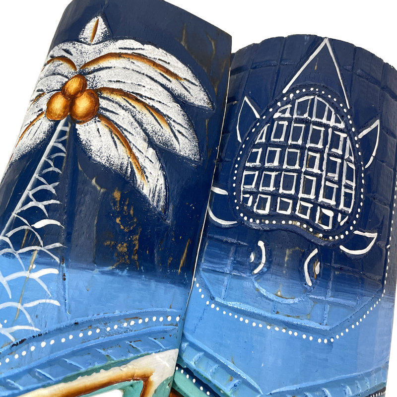 Décoration murale Tiki polynésienne tropicale en bois, bleu, vert et blanc, lot de 2, 49,5 cm de hauteur