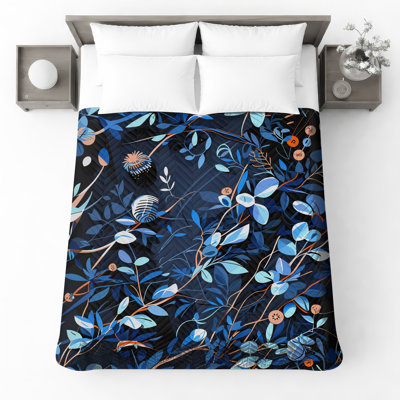 Couvre-lit matelassé bleu feuilles botaniques toutes tailles