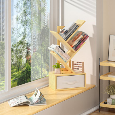 Bibliothèque Tree avec tiroir, bibliothèque en bois d'ingénierie à 4 niveaux, tablette de rangement peu encombrante pour la chambre à coucher, le salon et le bureau personnel
