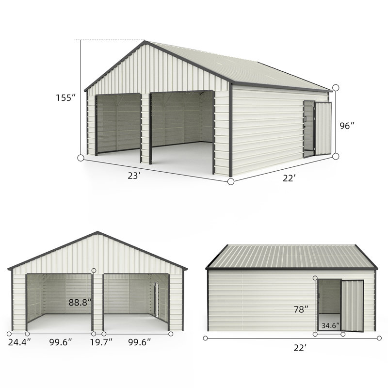 White 23' x 22' Double Garage Metal Shed with Side Entry Door