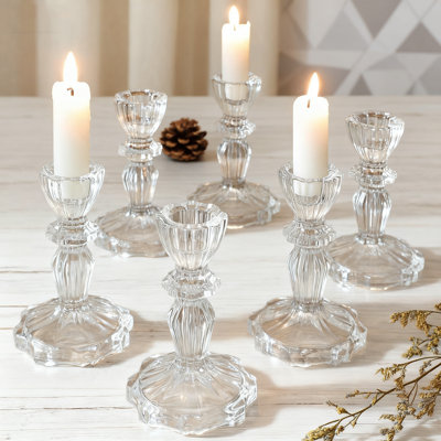 Set Of 6 Crystal Glass Candlestick Holders For Elegant Table Decor, Wedding, Party, And Home Centerpiece