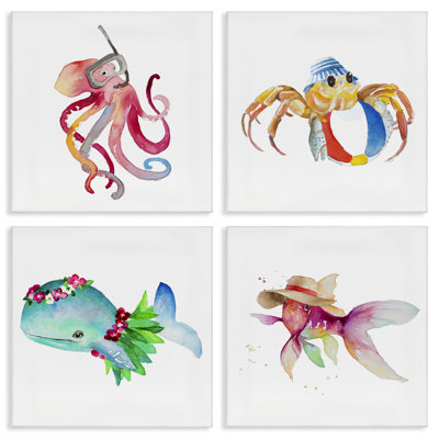 «Sea Creatures at Beach», ensemble de 4 reproductions d'art sur toile par Samantha Carter