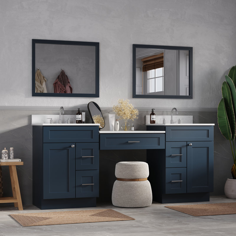 Meuble-lavabo double 78 po avec comptoir en quartz de Carrare, Bleu