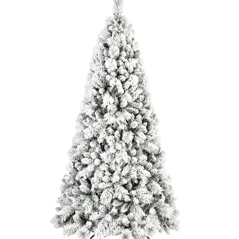 Arbre de Noël floqué de 84 pouces équipé de 450 lumières à DEL blanc chaud, 1060 pointes de branches enneigées, système à charnières pour une installation rapide, support en métal de 7 pieds de haut, éclairage et branches à aiguilles