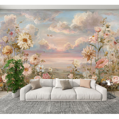 Papier peint adhésif floral, aquarelle, botanique, feuilles, printemps, fleurs murales, H 100 po x l 144 po, papier peint amovible en PVC, adhésif mural pour chambre à coucher, bureau à domicile