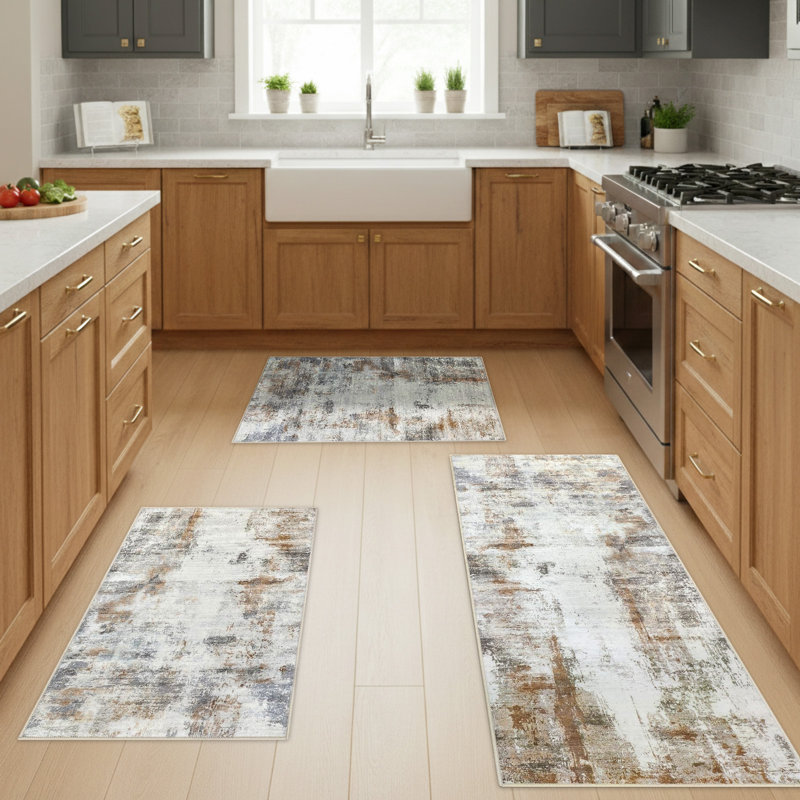 Abstract Polyester Anti-Fatigue Non-Skid Kitchen Mat, Beige/Brown