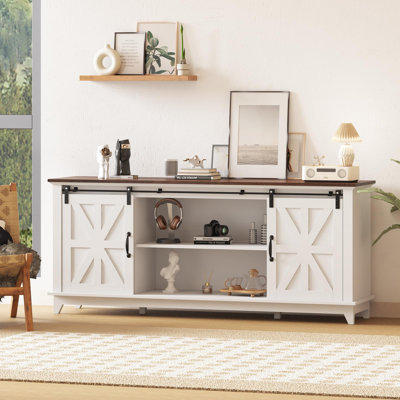 66" Farmhouse TV Stand for 75" TVs, Media Console with Sliding Barn Doors, Adjustable Shelf & Charging Station