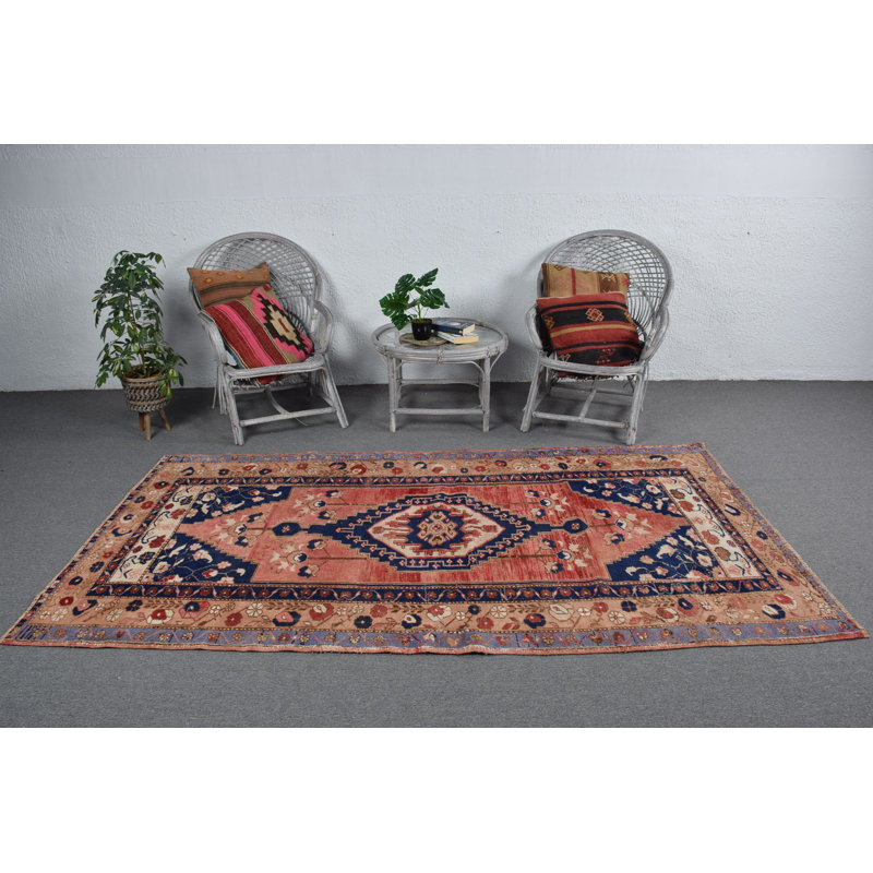 Tapis turc Anatolian rétro tissé à la main en bleu pour les espaces de salon et de salon