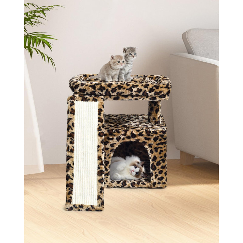 Petit arbre à chat à imprimé léopard | Tour courte avec poteau à griffes, rampe, condo avec lit perchoir, peluche suspendue et grotte (imprimé léopard)