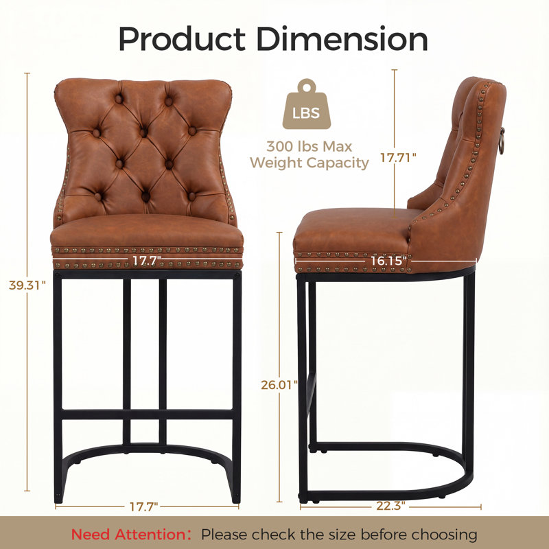  26" Modern Faux Leather Counter Height Barstools with Nailhead Trim, Brown Seat/Black Frame