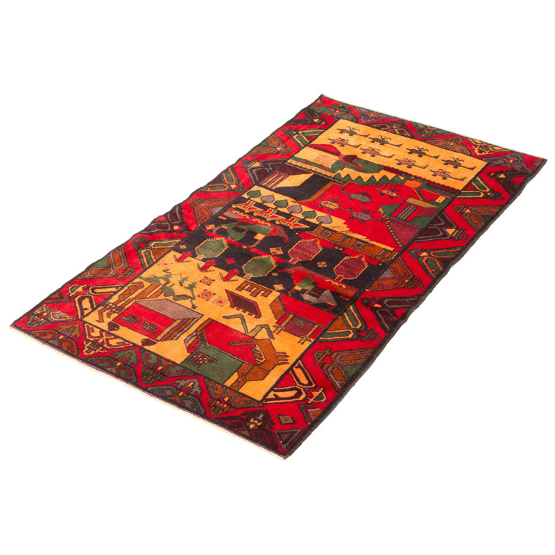 Tapis rouge en laine noué à la main de conception unique 3 pi 6 po x 6 pi 6 po Teimani