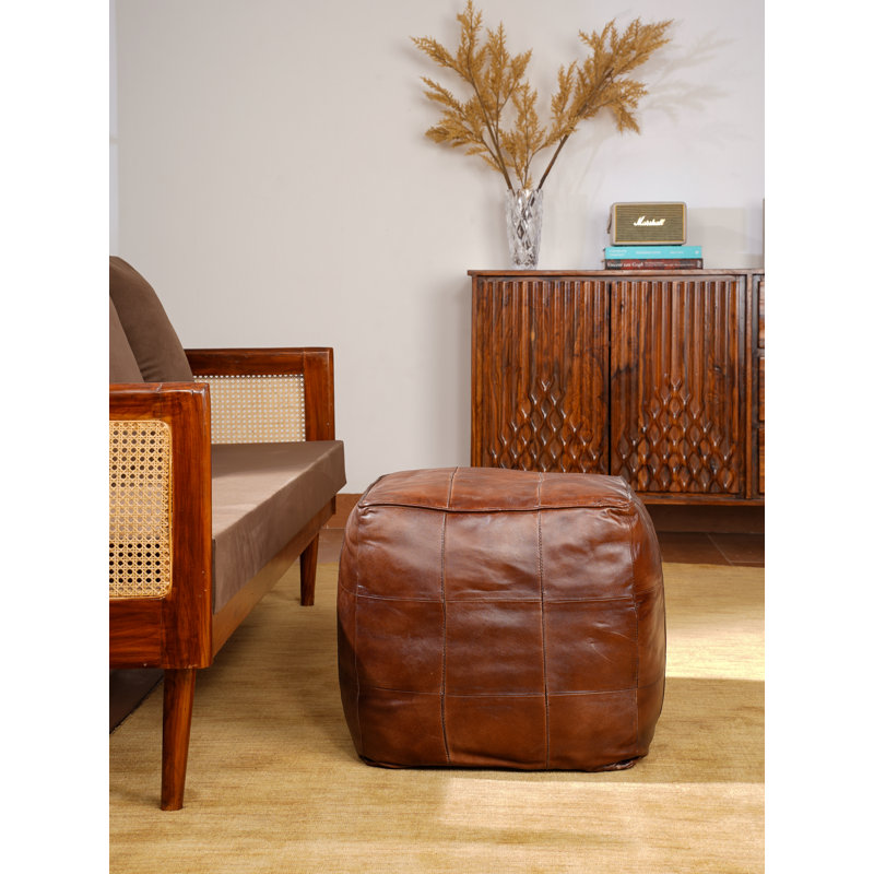 Upholstered Ottoman, Brown Genuine Leather, Square, 18" H x 24" W x 24" D