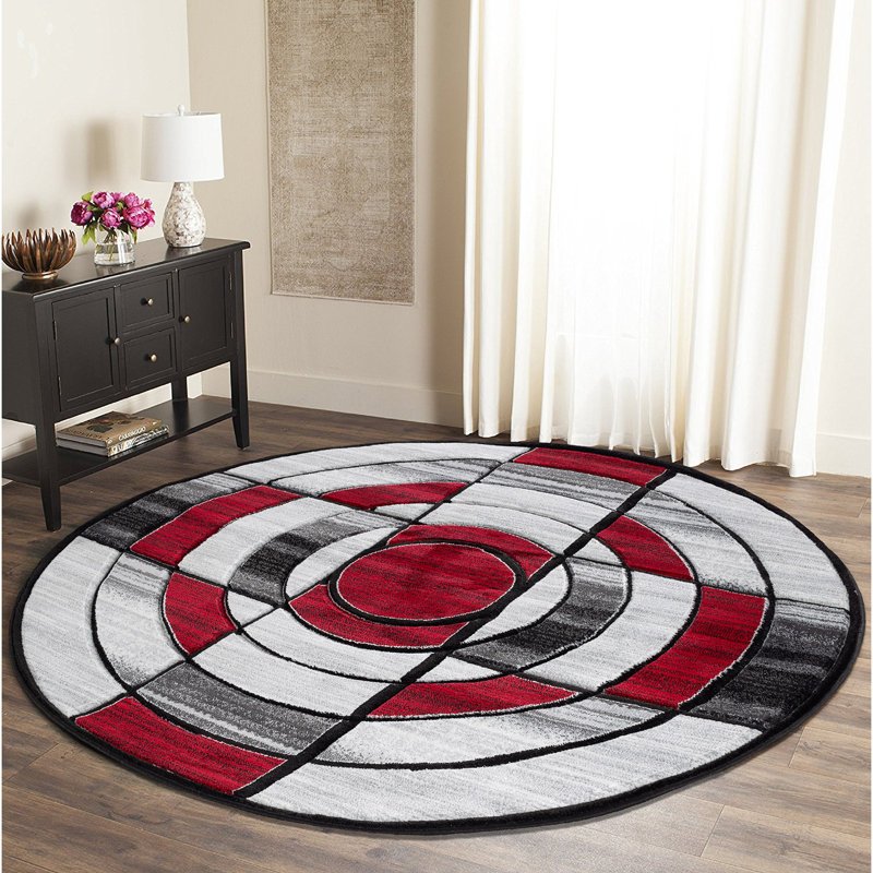 Tapis rouge à motif géométrique Adonia, Rond 8 pi 1 po
