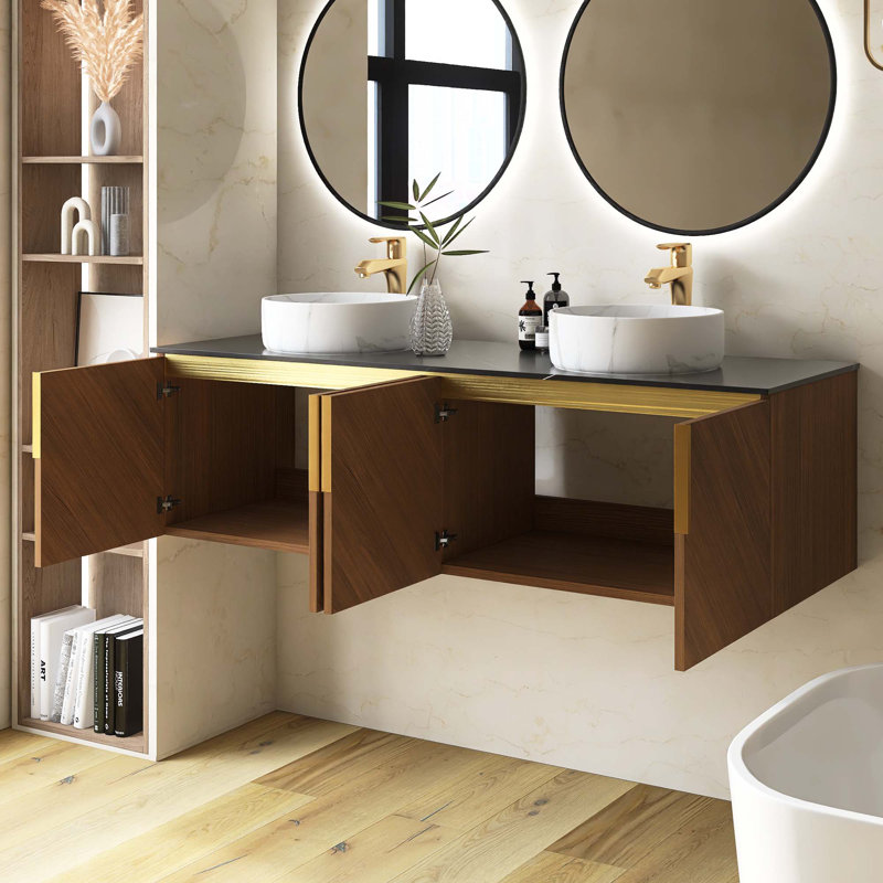 Meuble-lavabo mural en contreplaqué avec comptoir en pierre frittée noire et lavabo et portes ronds en céramique, couleur grain de bois chêne brun