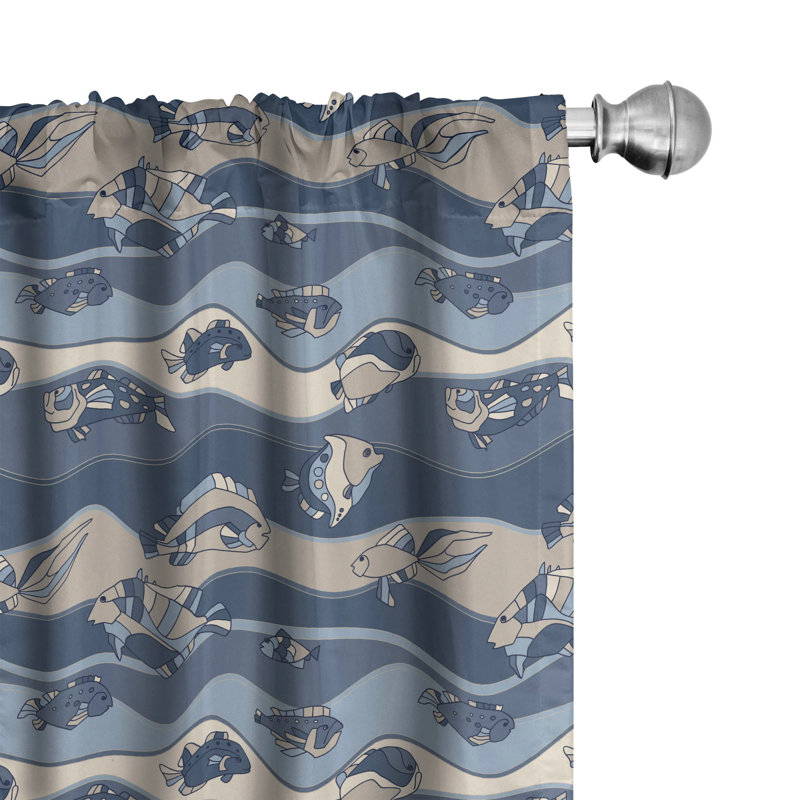 Fish Curtains, Inspired Geometric Aquarium Geometric Pattern Cartoon Style, Window Treatments 2 Panel Set For Living Room Bedroom Decor, Slate And Cadet Blue Tan Semi-Sheer Rod Pocket Sliding Panel