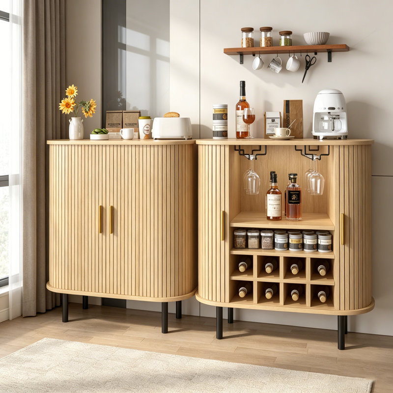 Armoire à vin cannelée avec support à vin à 8 grilles, 5 tablettes réglables à 5 niveaux, 2 porte-verres et rangement caché, station de café moderne