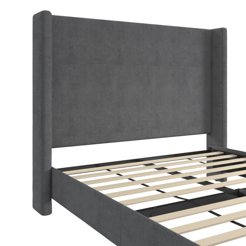 Lit plateforme tapissier à oreilles Ana, Grand lit, Dark Grey Textured Velvet