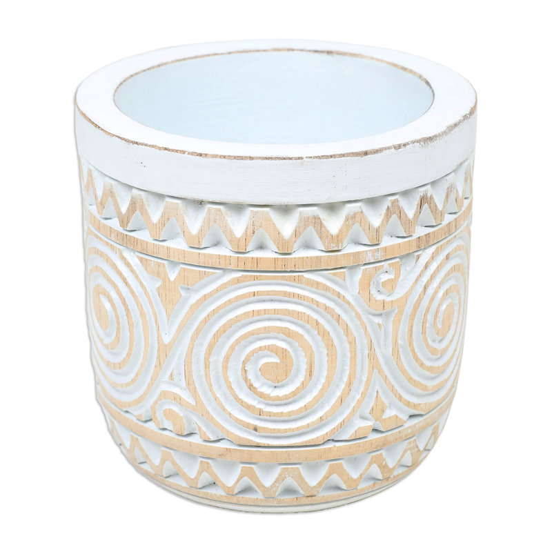 Hand-Carved White and Beige Wood Decorative Table Vase