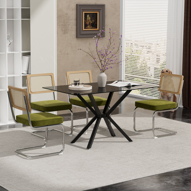 Rectangular Tempered Glass Dining Table Set With Luxury Velvet Rattan Back Upholstered Dining Chairs - Modern Contemporary Small Space Design