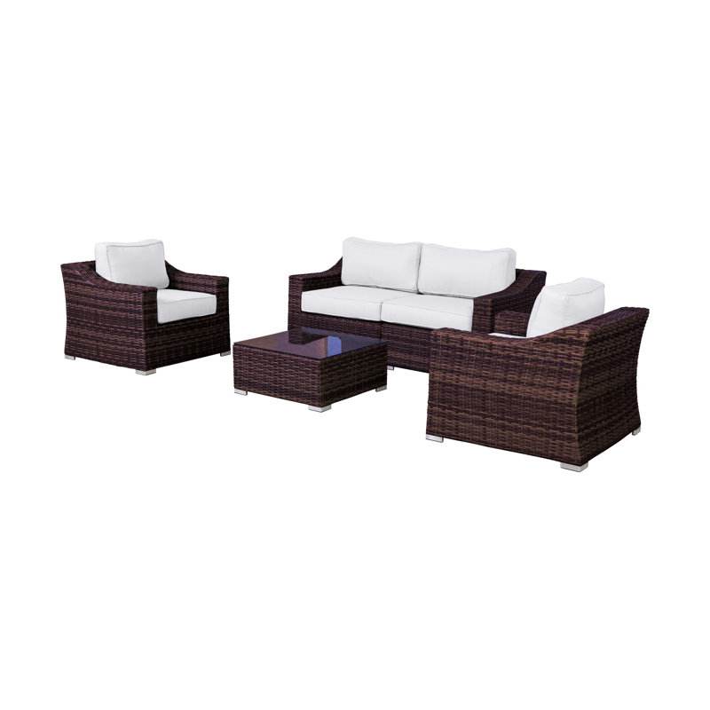 Ensemble de conversation pour 4 personnes avec coussins Moyeda Wicker | Canapé modulaire en osier toutes saisons, Brun