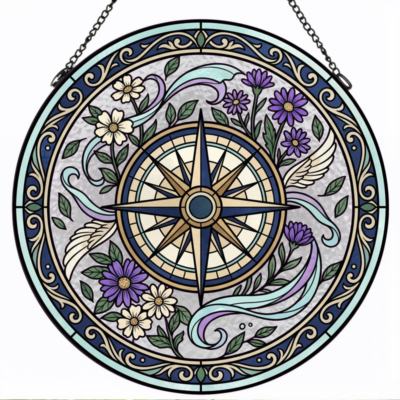 Panneau de vitrail en verre coloré Compass, H 12 po, H 12 po