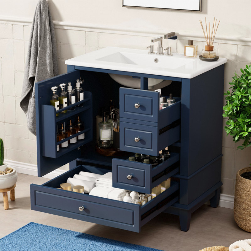 Meuble-lavabo moderne 30 po avec lavabo en céramique, porte à fermeture en douceur et tiroirs, Bleu, Argent argent