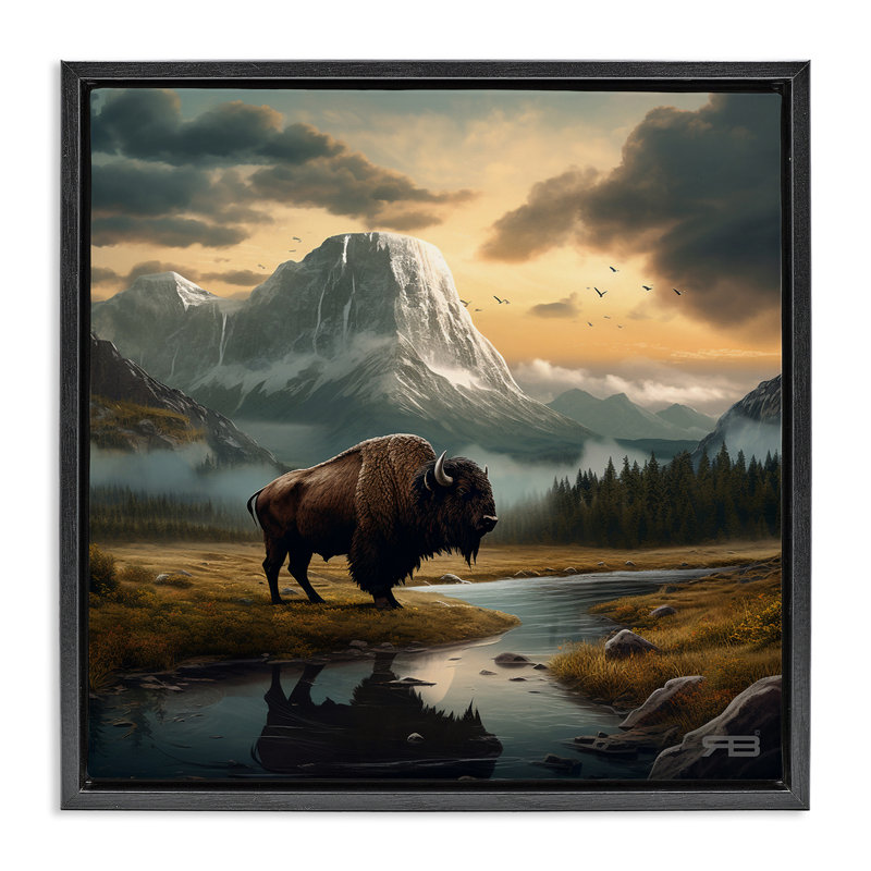 "Bison & Vast Mountains", art mural encadré par Roozbeh Bahramali, H 18 po x l 18 po, Cadre flottant orme Montalcino