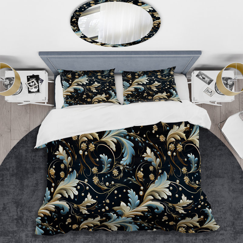 Literie à motif de fleurs bleues et dorées, Housse de couette pour très grand lit et 2 très
