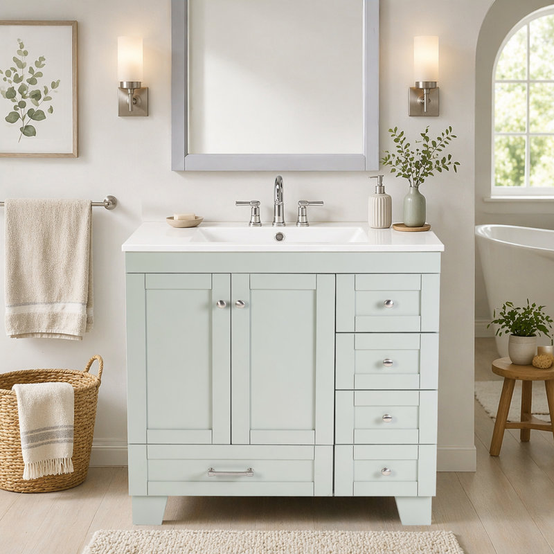 Meuble-lavabo bleu gris 30 po avec lavabo en céramique - Tiroirs à fermeture en douceur, structure en bois massif, rangement multi-organisateur