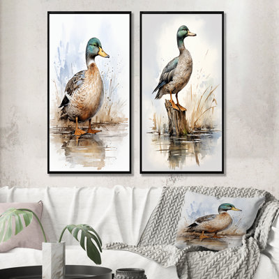 Minimalist Mallard Duck At The Pond II - Duck Canvas Art Print Set Of 2