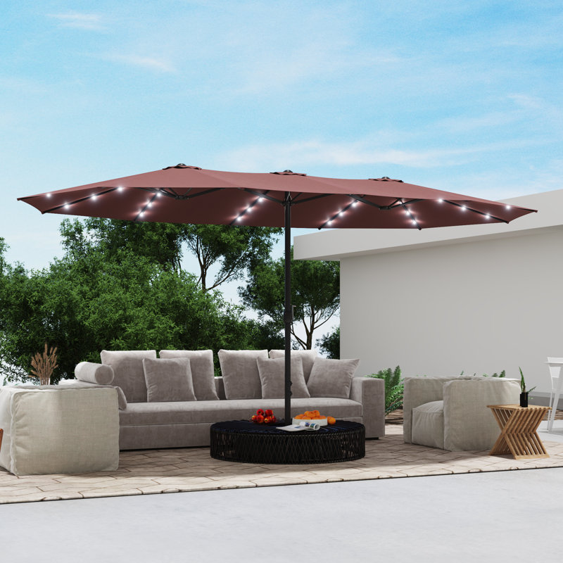 Parasol d'extérieur double face 15 pi x 9 pi avec base + lumières DEL intégrées, Vin rouge