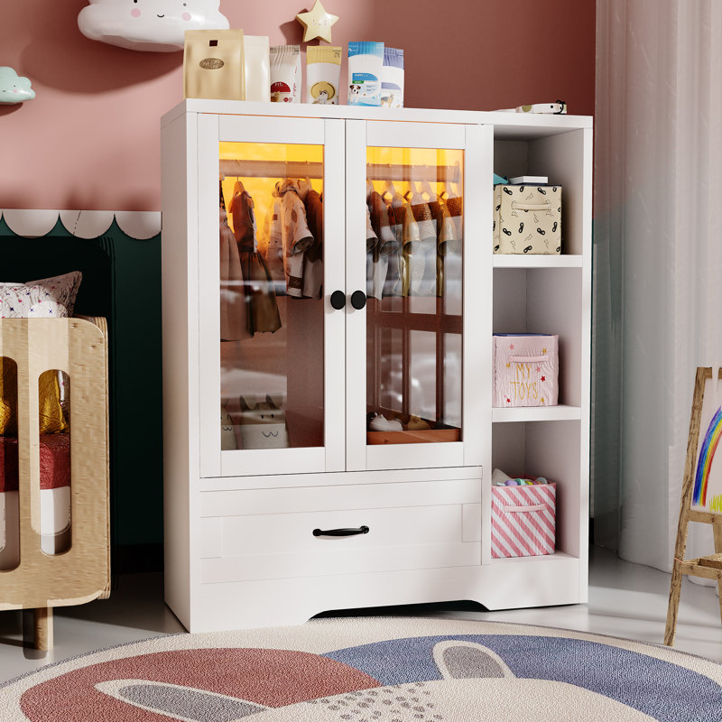Armoire pour animaux de compagnie, garde-robe pour chien avec DEL, porte en verre et tiroir, organisateur de rangement en bois MDF pour chien chat, blanc
