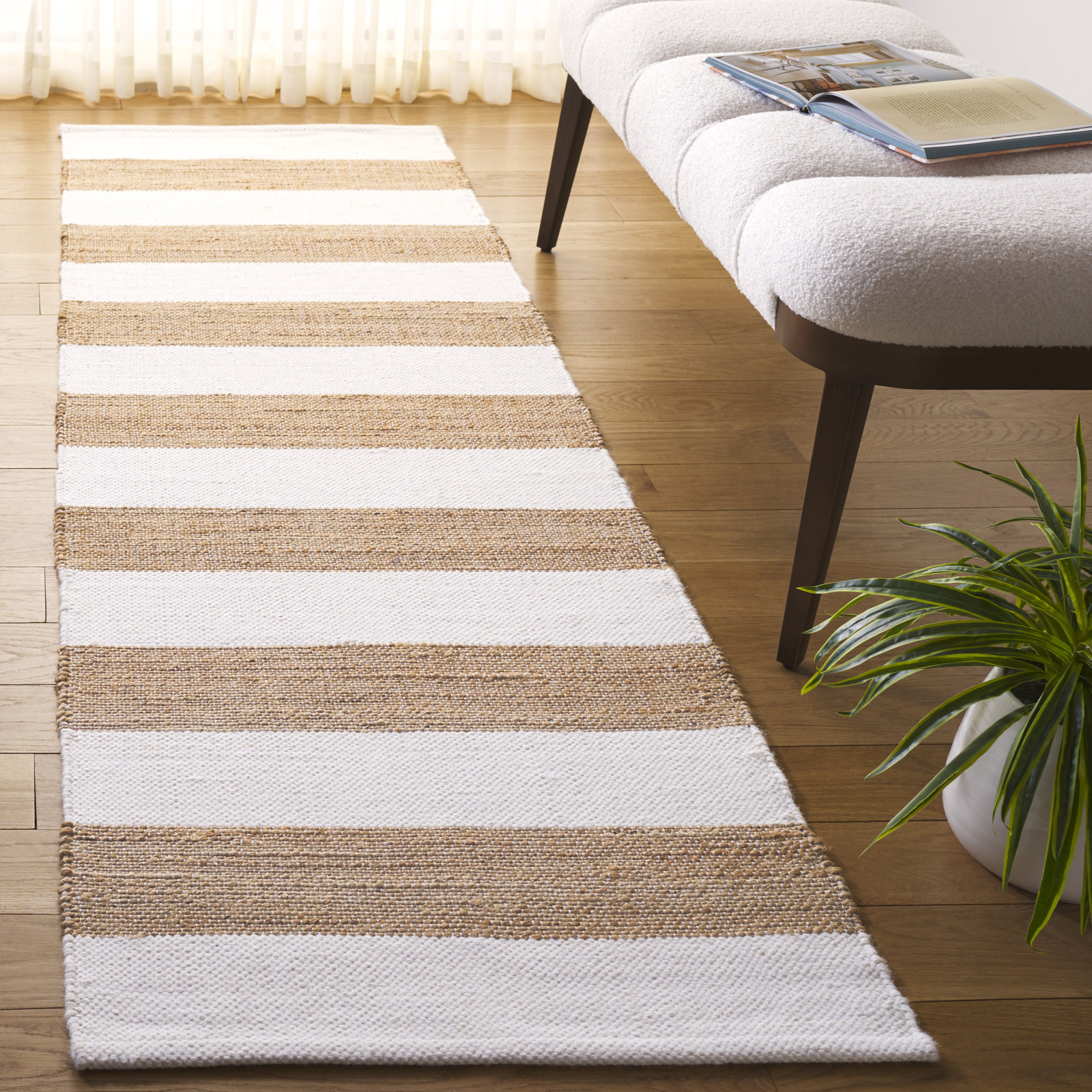 Hand-Woven Striped Jute Wool Rug, Runner 2'3" x 8'