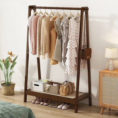 Solid Wood Freestanding Garment Rack With Rattan Bottom Shelf, 37.4" W Clothing Organizer For Bedroom