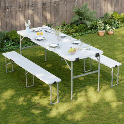 Ensemble de table de pique-nique avec 2 bancs, ensemble de chaises de camping pliables de 6 pieds, mobilier d'extérieur portatif 3 pièces avec plateau en grain de bois pour la fête, le pique-nique, le camping, le mariage
