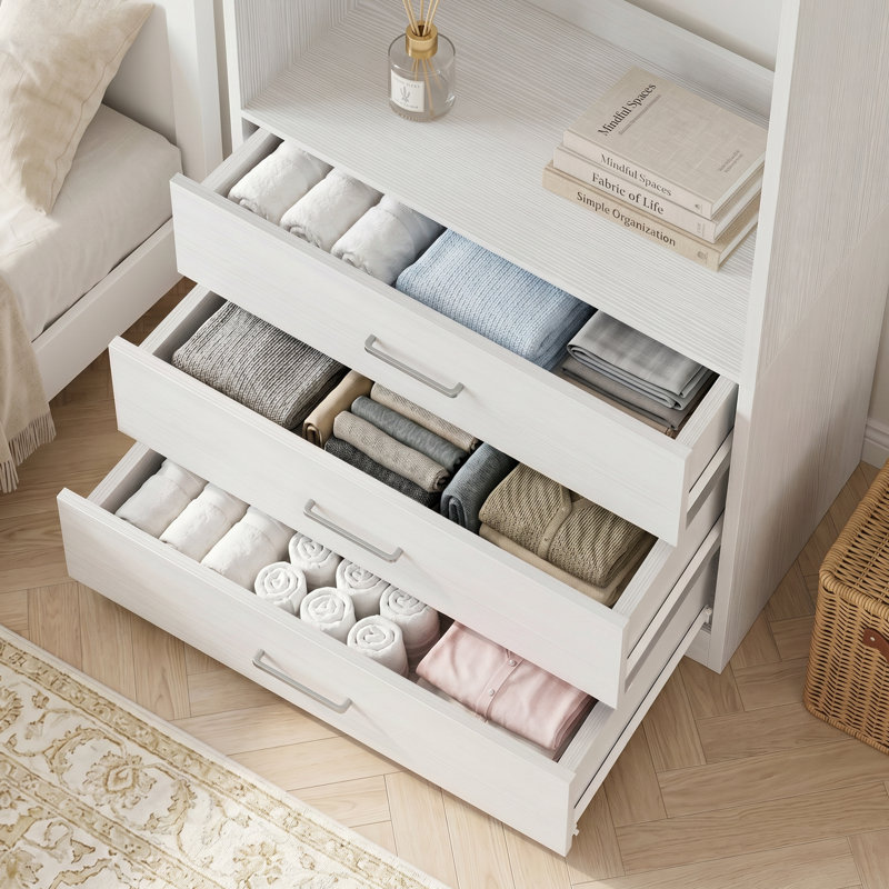Freestanding Small 24" Closet System With 3 Wood Drawers, White, 80" H x 24" W x 15" D