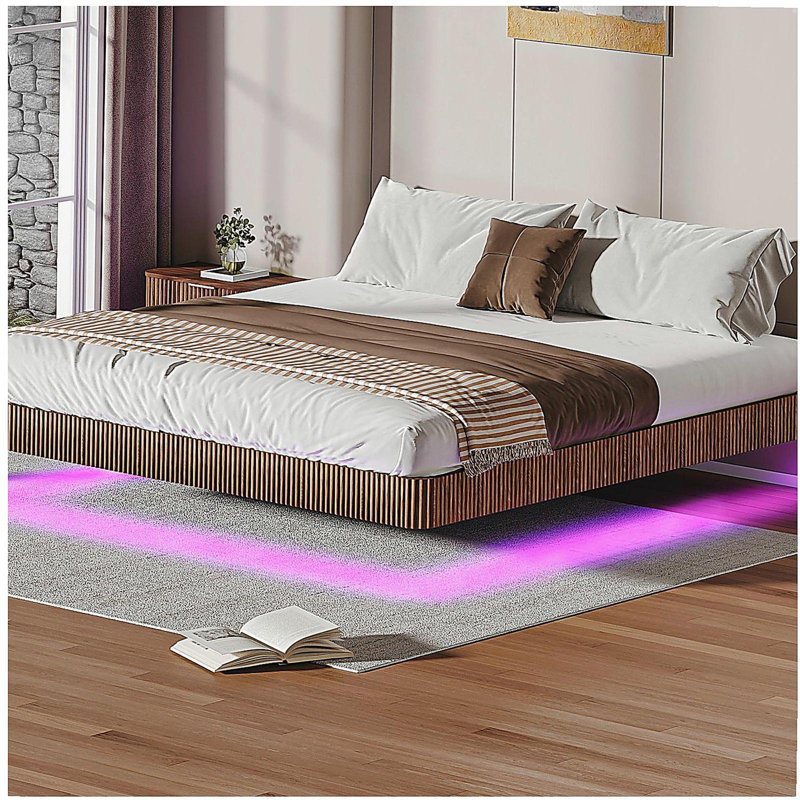Walnut King Floating Bed Frame with LED Lights, Wave Curve Wood Texture Bed with Heavy Duty Metal Slats - No Box Spring Needed.