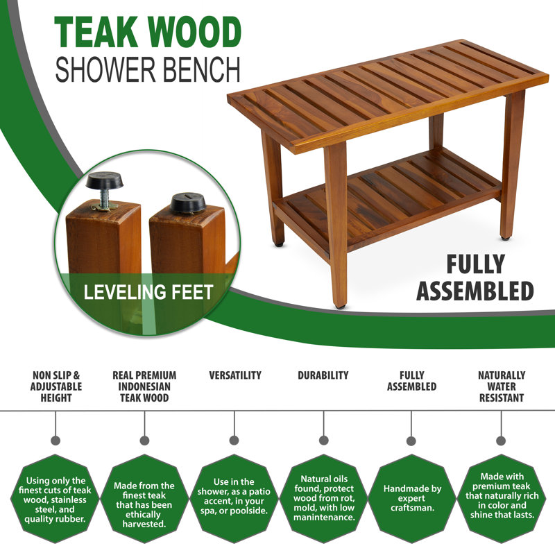 Teak 30-Inch Waterproof Spa Shower Bench with Shelf