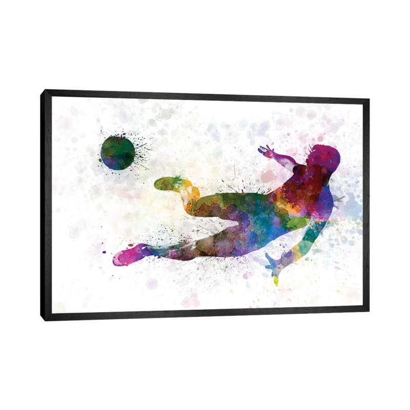 Man Soccer Football Player Flying Kicking II 1 Piece Floater Frame Wall Art on Canvas, 101.6 cm H x 66.04 cm W, Black
