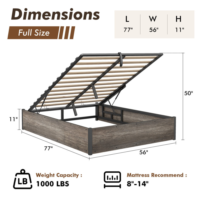 Shila Lift Up Storage Bed, Gray, Full
